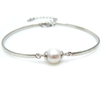 Silver Adjustable Bangle with White South Sea Pearl